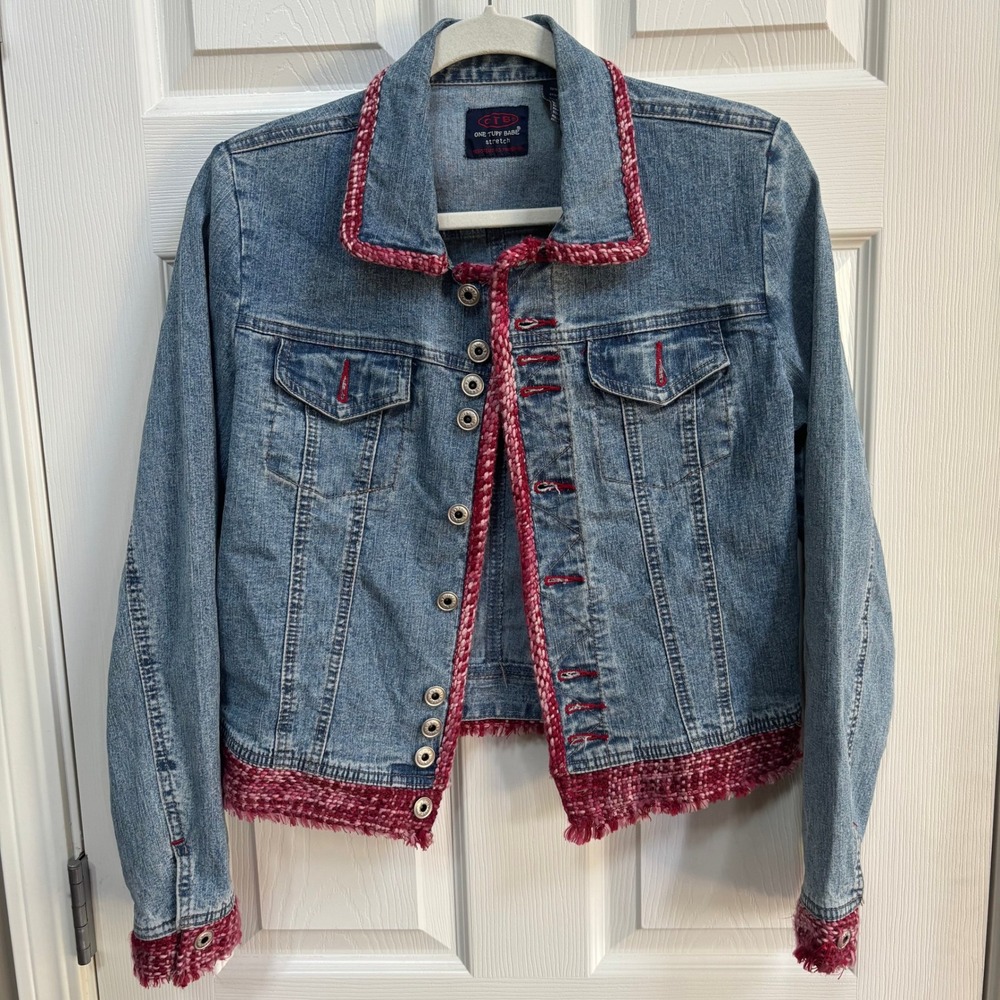 OTB One Tuff Babe Y2K Denim Jacket Tweed Trim Pink Cropped Fringe Boho Moto LG